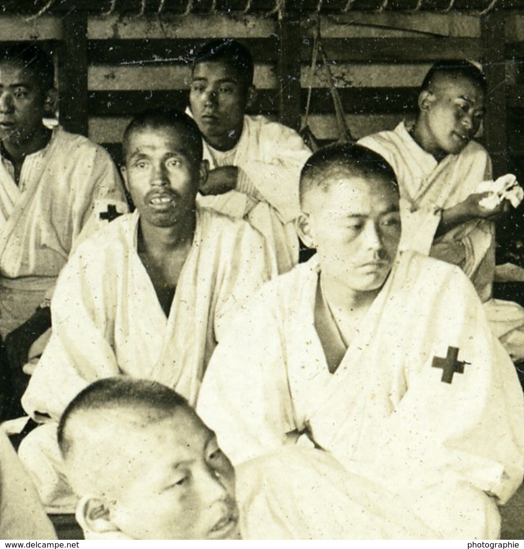 Japon Hiroshima Convalescents De Port Arthur? Ancienne Photo Stereo White 1900 - Photos Stéréoscopiques