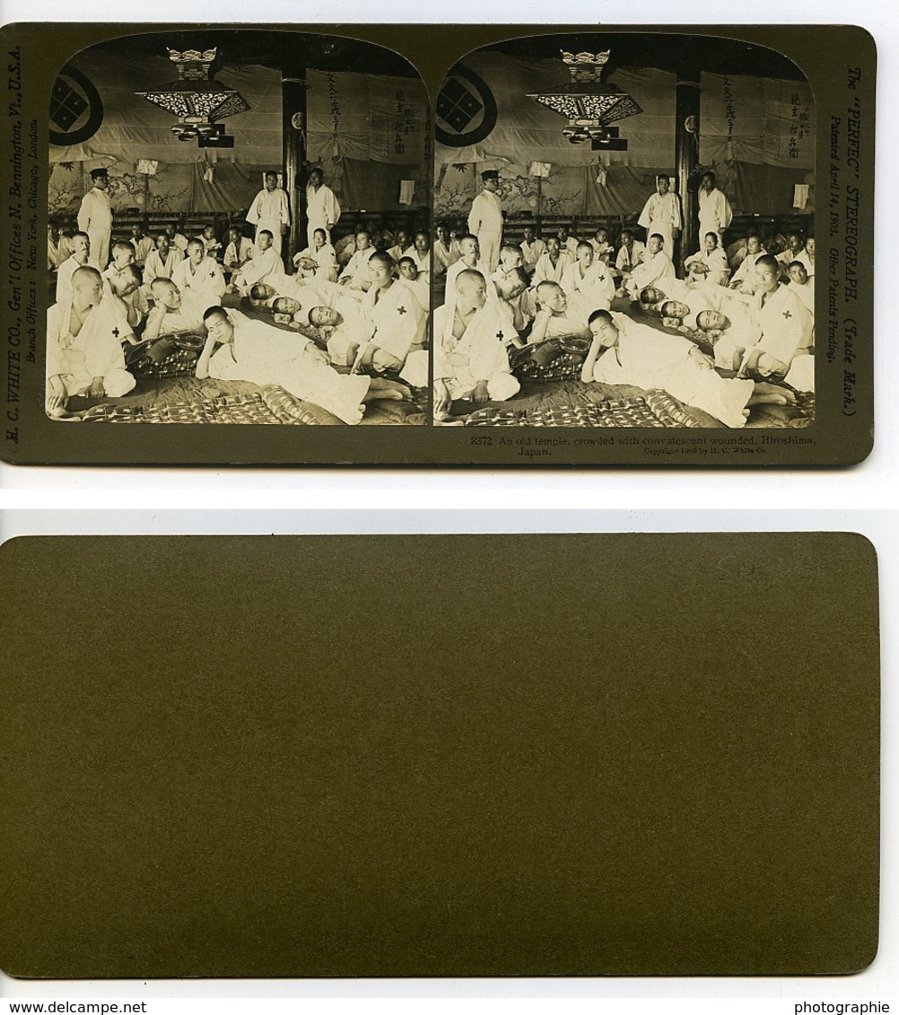 Japon Hiroshima Convalescents De Port Arthur? Ancienne Photo Stereo White 1900 - Stereoscoop