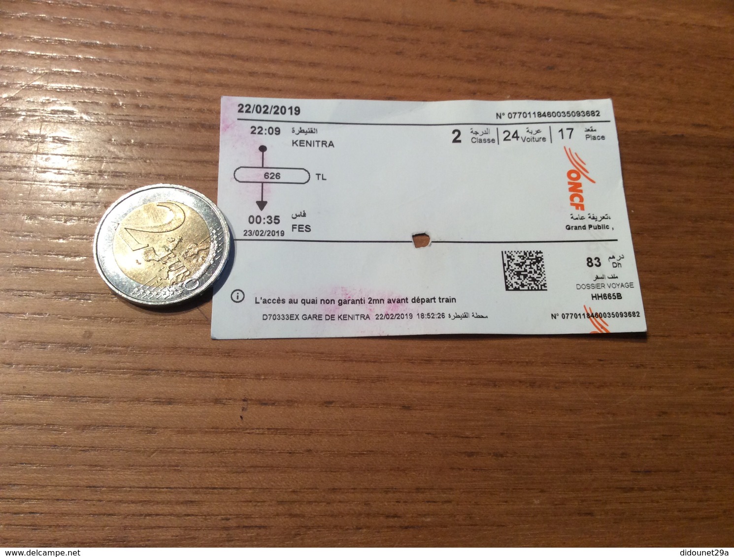 Ticket De Train ONCF MAROC "KENITRA - FES" (Office National Des Chemin De Fer) - Monde