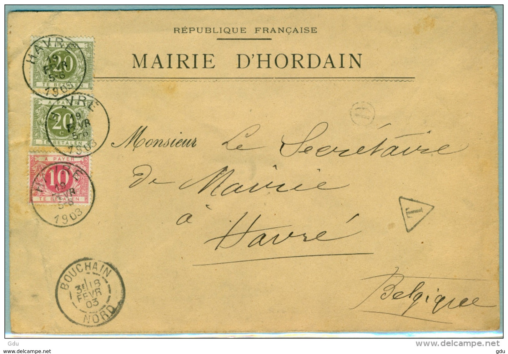 Pli Mairie De Hordain (Nord) - Obl. Bouchain Vers Belgique - Taxé - Lettres & Documents