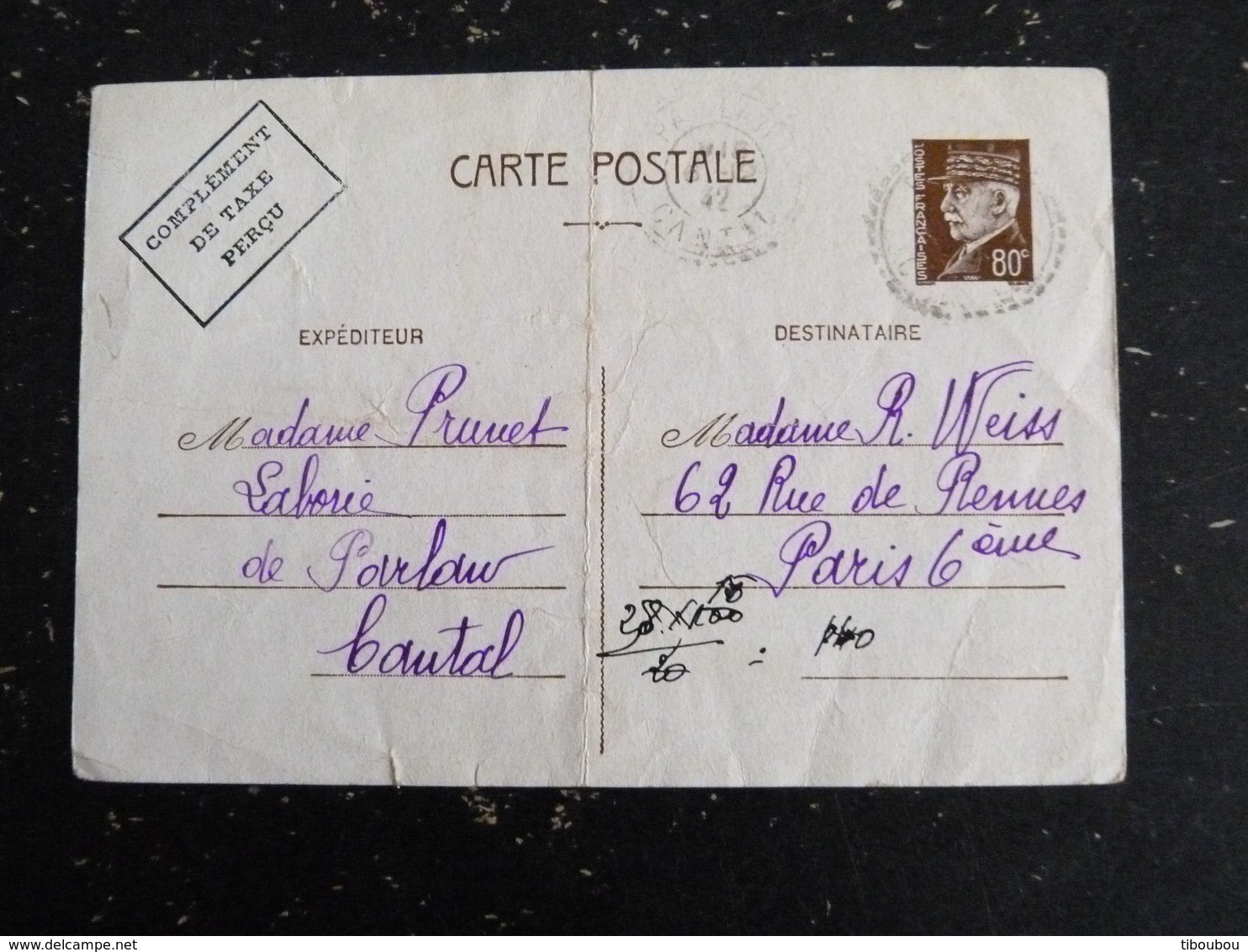 PARLAN - CANTAL - CACHET ROND MANUEL PERLE SUR ENTIER POSTAL PETAIN YT 512-CP3 - Bijgewerkte Postkaarten  (voor 1995)