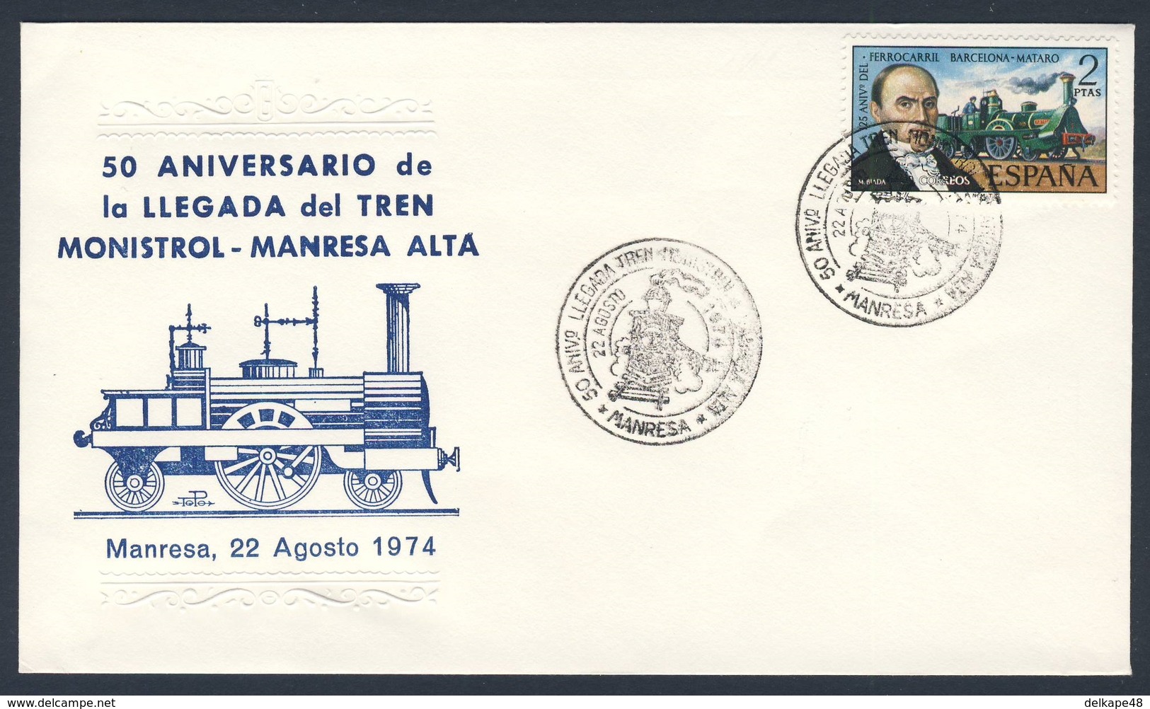 Spain Espana 1974 Cover / Brief / Envelope - 50 Aniv. La Llegada Del Tren Monistrol - Manresa / Eisenbahn - Treinen