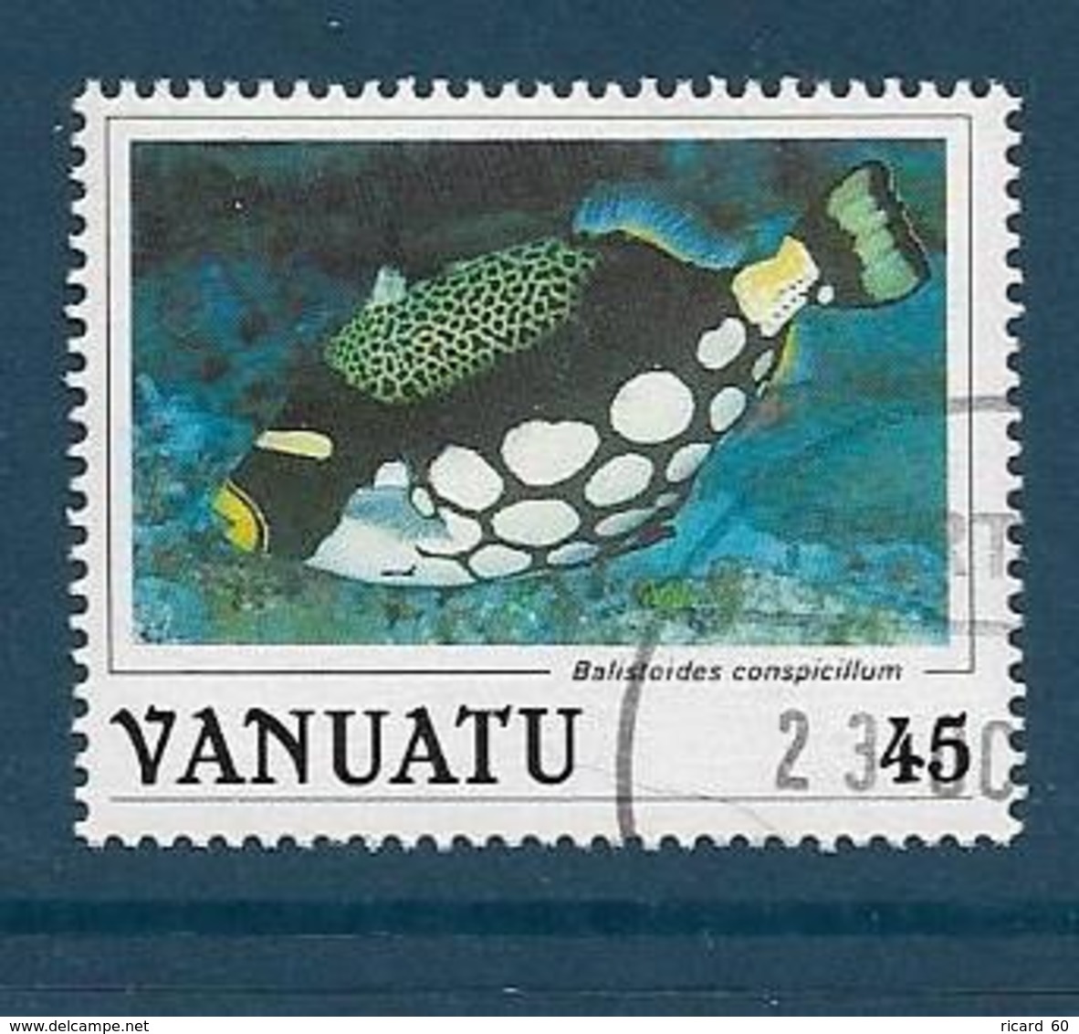 Timbre Oblitéré Vanuatu, N°777 Yt, Faune Marine, Poisson , Balistoides Conspicillum, 1987 - Vanuatu (1980-...)