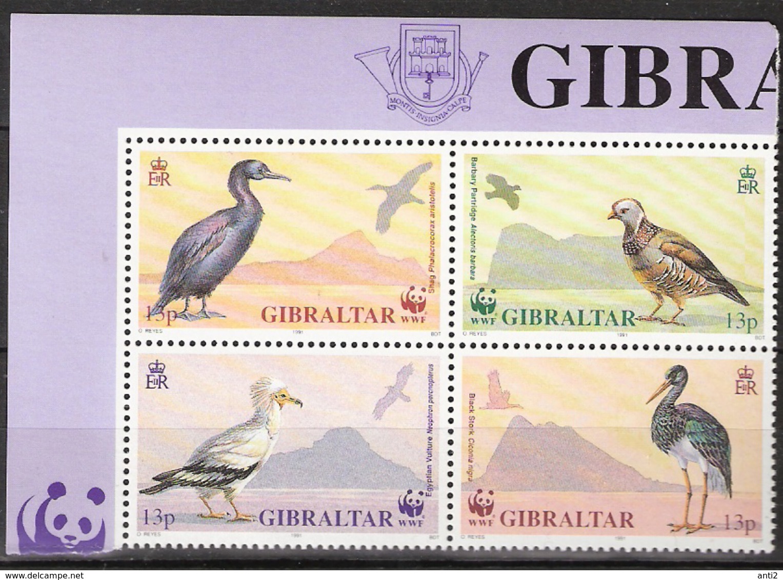 Gibraltar 1991 Worldwide Conservation: Birds, Shag, Barbary Partridge, Vulture, Black Stork   Mi 619-622 Bloc MNH(**) - Gibraltar