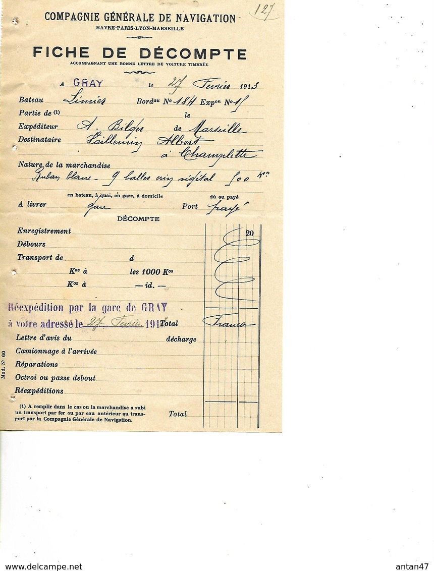 Carte Commerciale 1897+ Fiche  Décompte 1913 / 70 GRAY / Compagnie De Navigation / Pb Glace, Baisse Barrages - Transports