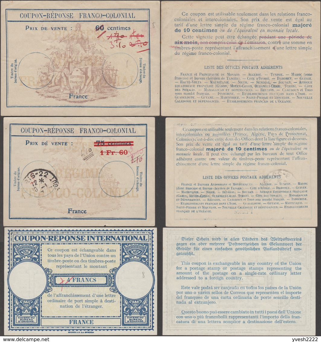 France, 3 Coupons Réponse International Et Franco-colonial. Rares, Voir Scans - Reply Coupons