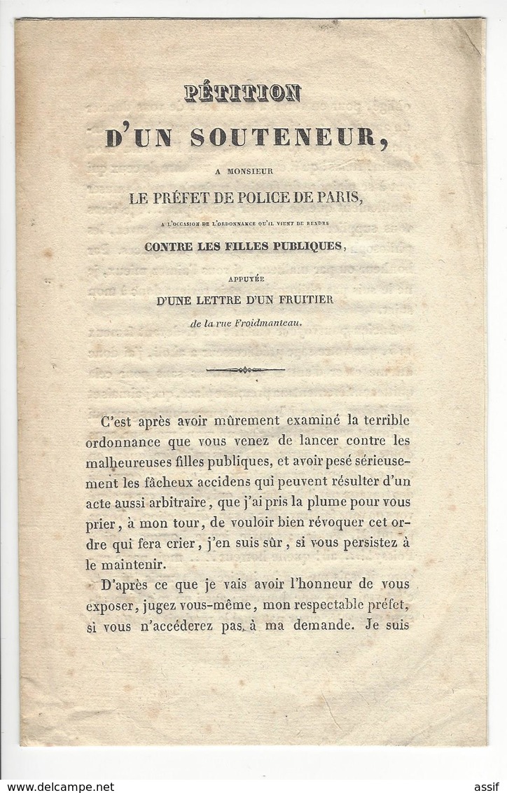 PROSTITUTION Pétition D'un Souteneur Paris 1830 8 Pages /FREE SHIPPING R - 1901-1940