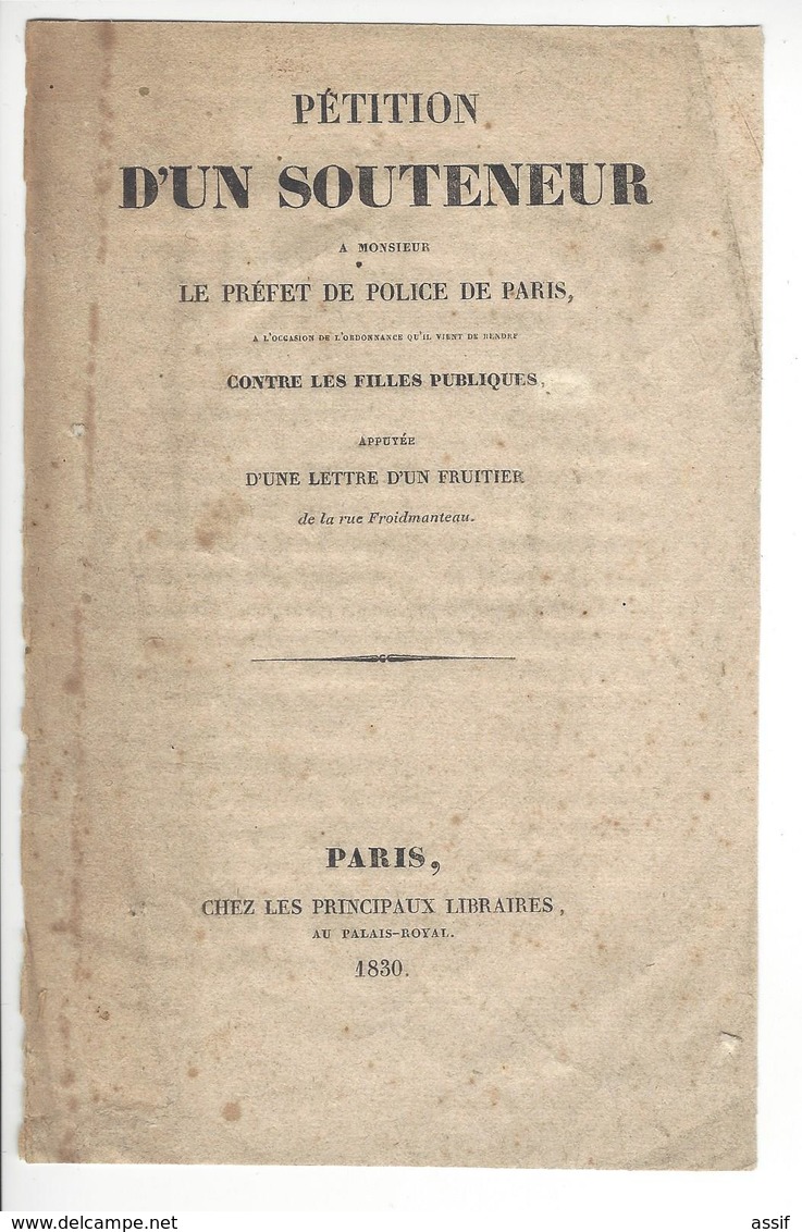PROSTITUTION Pétition D'un Souteneur Paris 1830 8 Pages /FREE SHIPPING R - 1901-1940