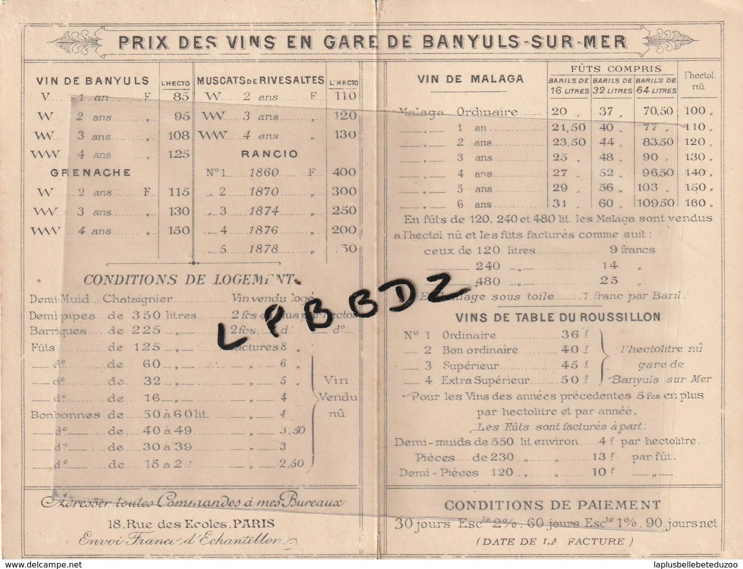 CARTE De REPRESENTANT - 66 - BANYULS - PUBLICITE MAISON DITELY - TARIFS Des VINS - Fournisseur HOPITAUX PARIS - Publicités