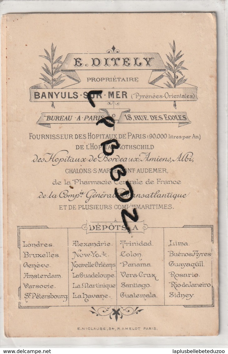 CARTE De REPRESENTANT - 66 - BANYULS - PUBLICITE MAISON DITELY - TARIFS Des VINS - Fournisseur HOPITAUX PARIS - Publicités