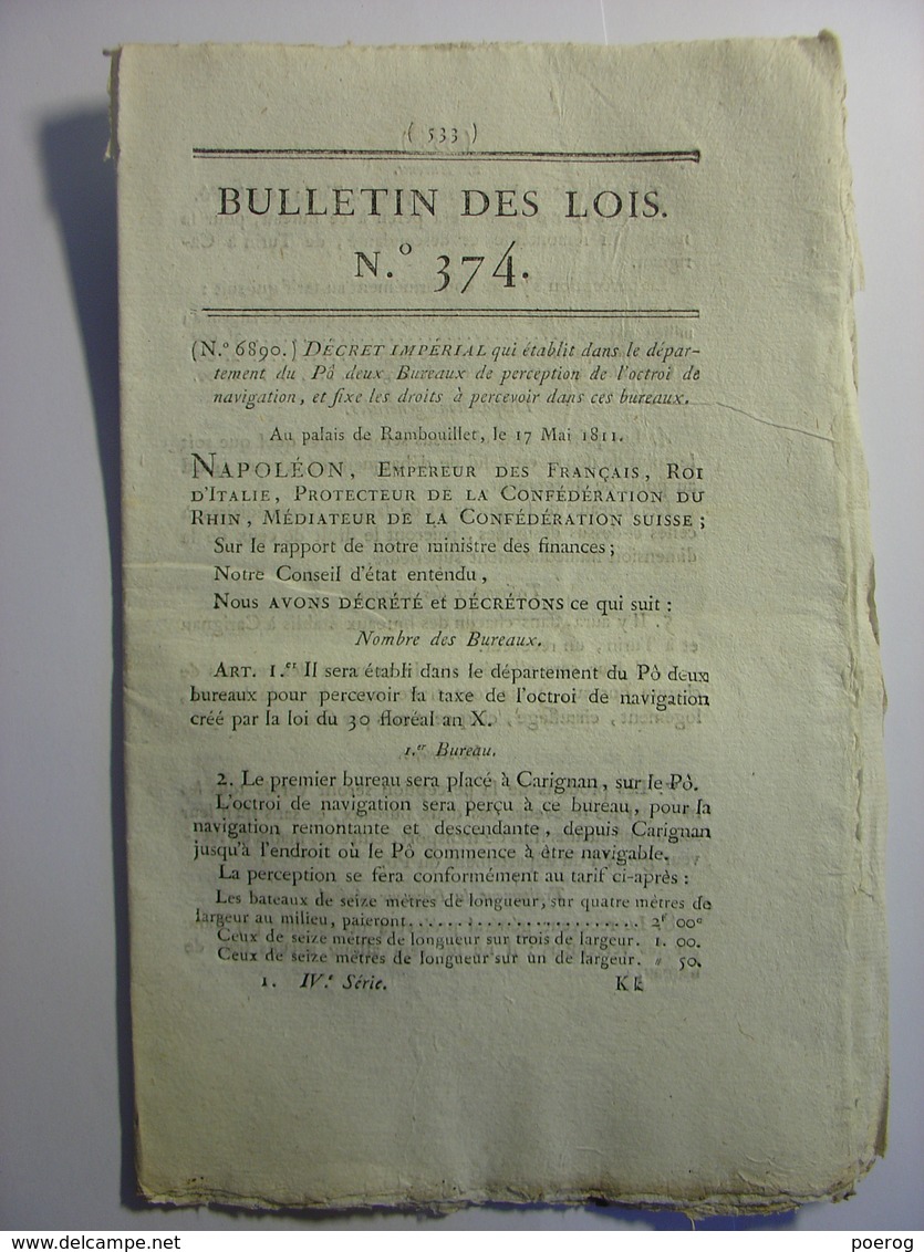 BULLETIN DES LOIS De 1811 - ITALIE PO SESIA TARO ITALIA - IMPRIMERIE DE LABEUR - HOLLANDE - NOMINATIONS BARONS Baron - Gesetze & Erlasse