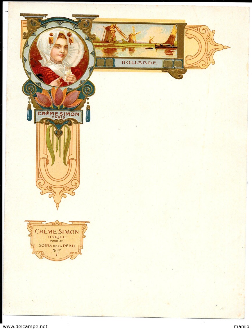 Ancien Menu Publicitaire Vierge Gaufré CREME SIMON Paris "HOLLANDE "  SOIN DE LA PEAU- CHROMO  ART NOUVEAU Parfum - Menus