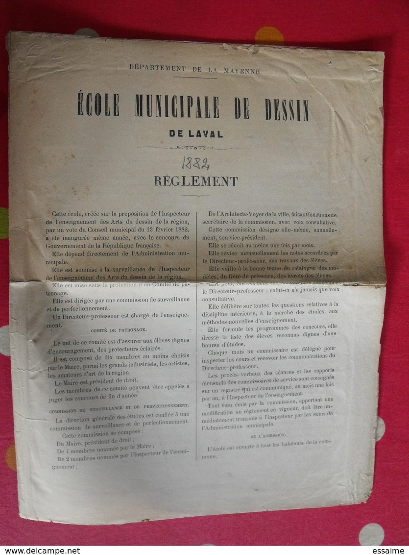 Réglement De L'école Municipale De Dessin De Laval. 1882. Mayenne - Pays De Loire