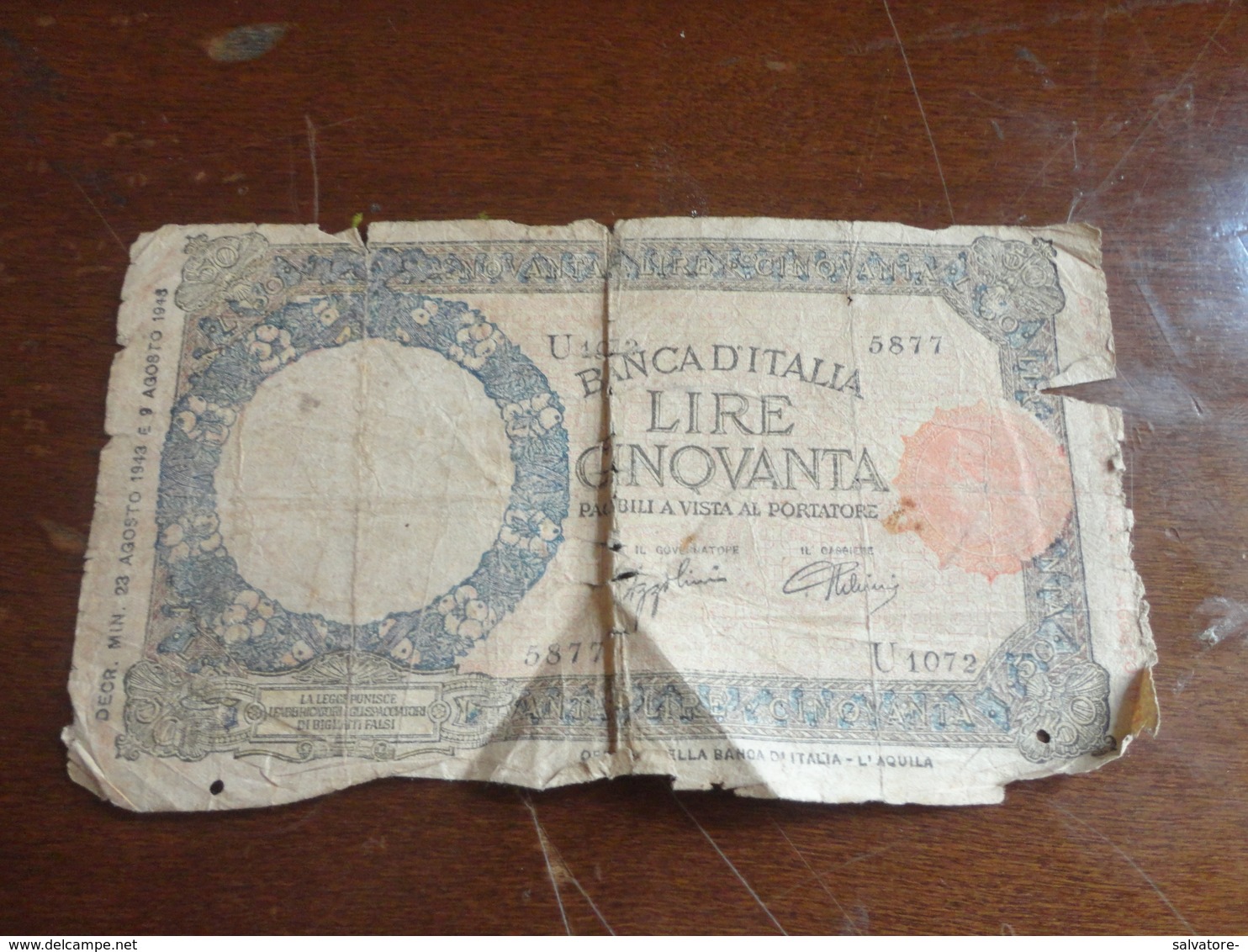 BANCONOTA 50 LIRE DECRETO MINISTERIALE 23 AGOSTO 1943 E 9 AGOSTO 1943 - 50 Liras