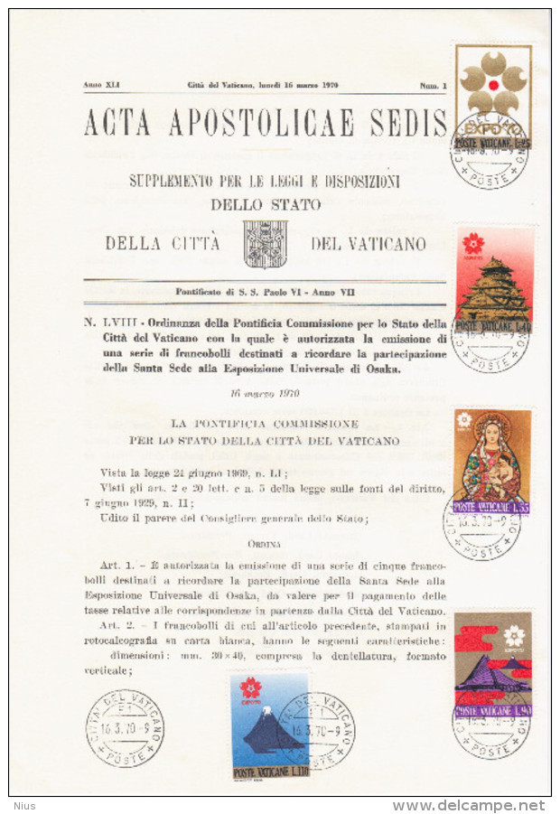 Vatican Vaticane Vaticano 1970 First Day Sheet - Carnets