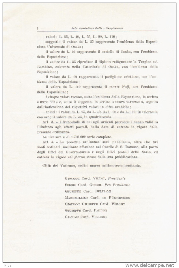 Vatican Vaticane Vaticano 1970 First Day Sheet - Libretti