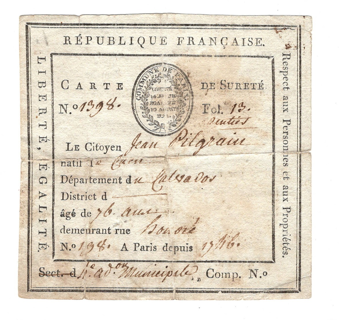 Carte De SURETE  "Commune De Paris" 3e Complémentaire An4  19 Sept 1796 - Documents Historiques