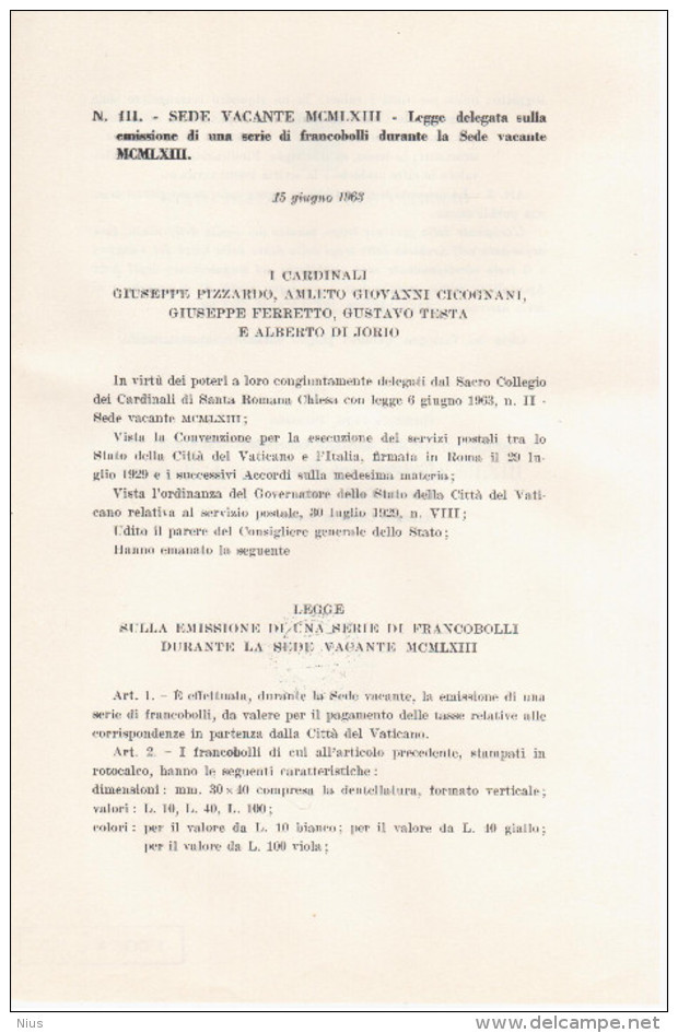 Vatican Vaticane Vaticano 1963 First Day Sheet - Carnets