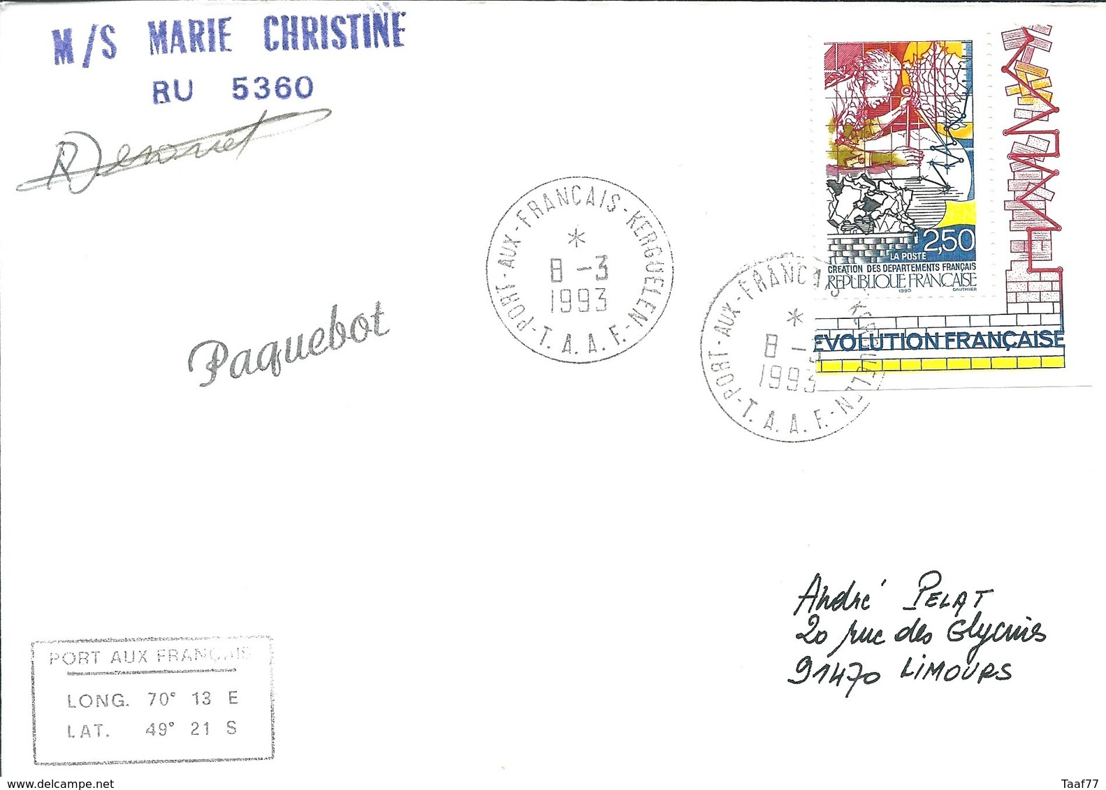 TAAF - Port Aux Français-Kerguelen: Lettre "M/S Marie Christine" Avec N°2670 Création Des Départements - 08/03/1993 - Lettres & Documents