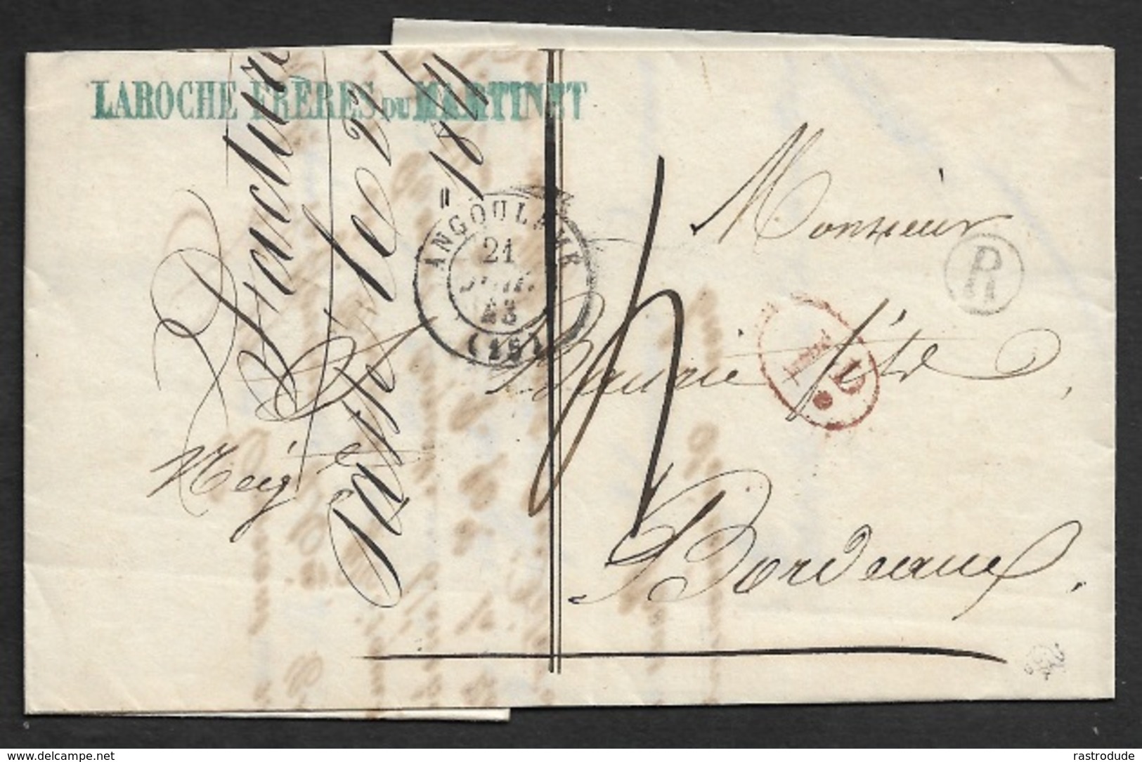 1843 - LAC - ANGOULEME - Boite Rural R - 1D Taxe - Lettre Commerciale LAROCHE FRERES - 1801-1848: Precursores XIX