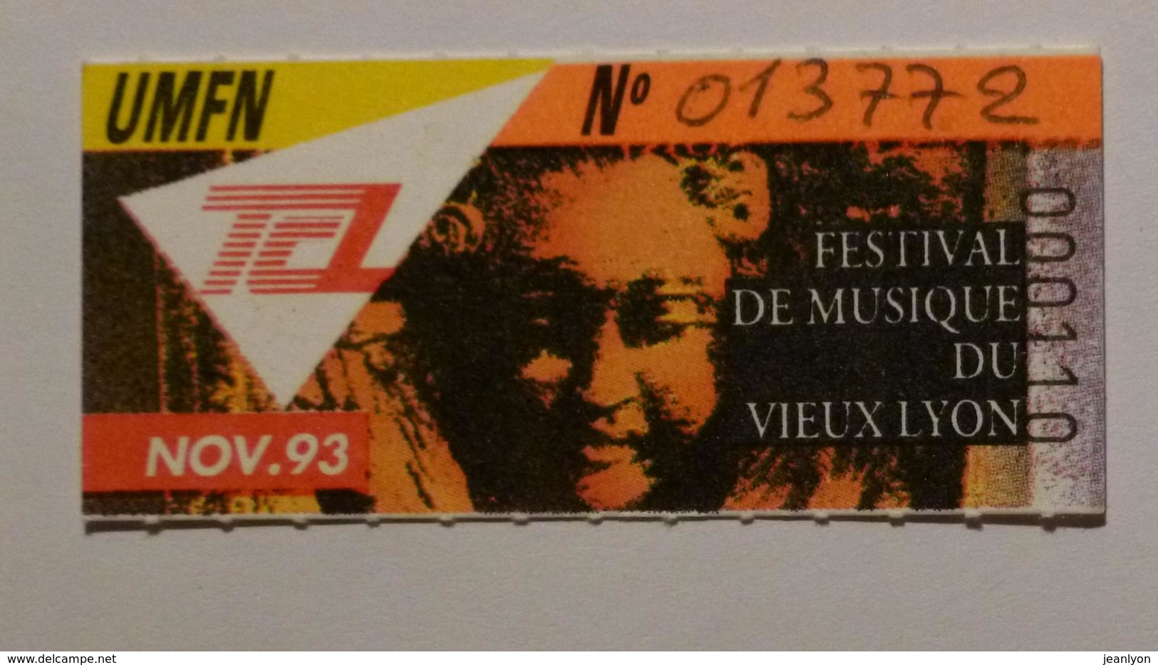 Ticket Abonnement TCL Lyon (69/Rhône) - Bus Métro - Nov. 93 - Tarif UMFN - FESTIVAL MUSIQUE VIEUX LYON - Europa