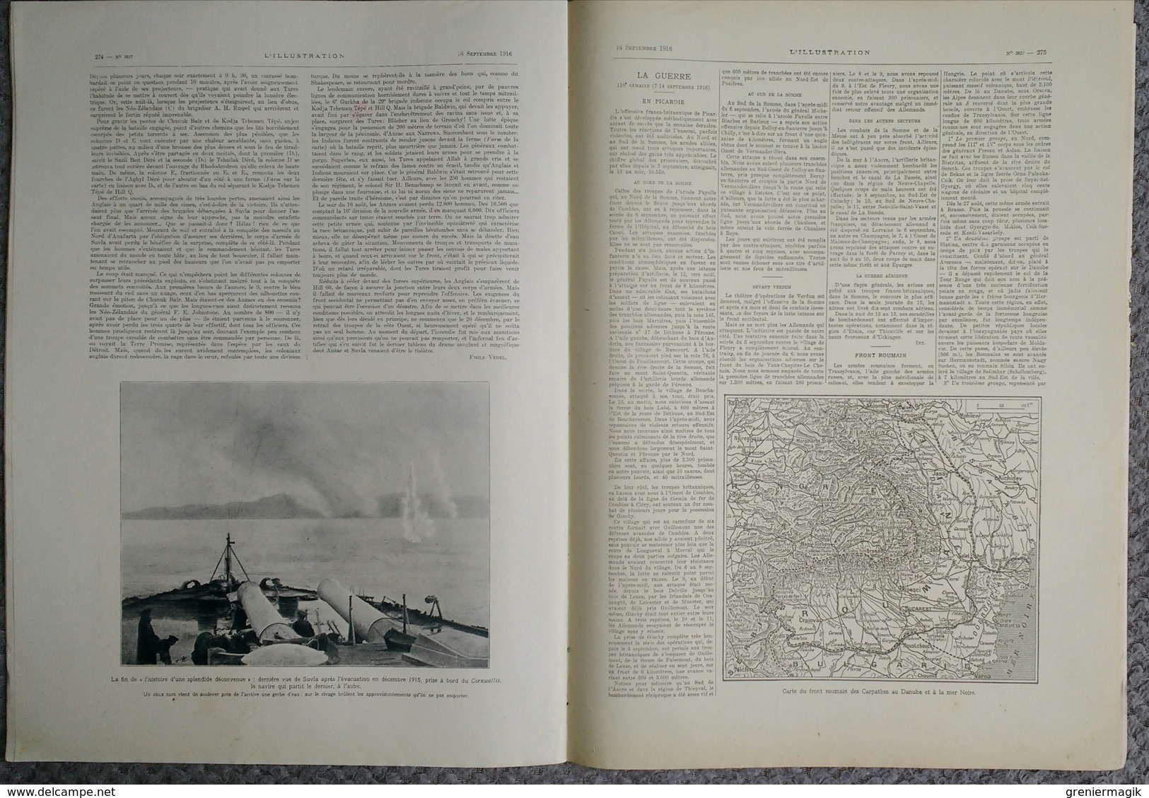 L'Illustration 3837 16 septembre 1916 Anzac et Sulva/Pierre Loti/Salonique/Cléry-sur-Somme/Zeppelin L 21 abattu