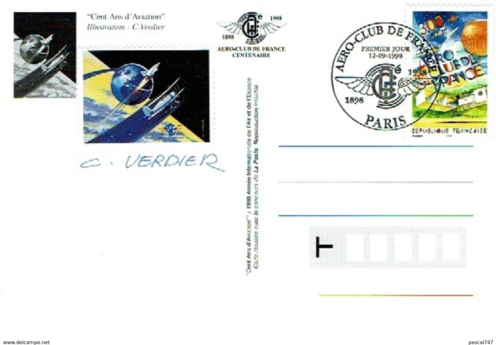 Vignette Concordante  Fdc 1998  Aeroclub De France Dédicacé C Verdier - Aviación