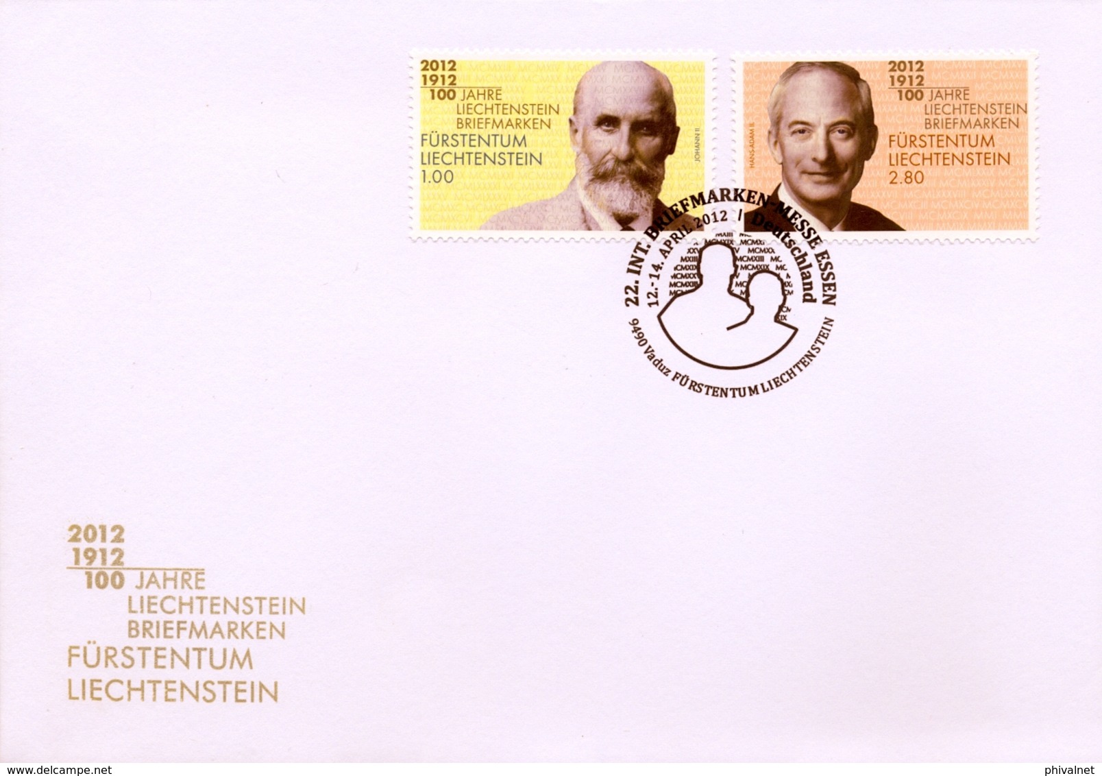 2012 , LIECHTENSTEIN , INT. BRIEFMARKEN - MESSE - ESSEN , 100 ANIV. DE LA FILATELIA EN EL PAIS - Lettres & Documents