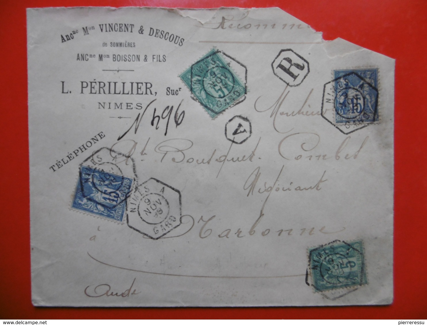 LETTRE RECOMMANDE 4 TIMBRES TYPES SAGE CACHET NIMES A CACHET OCTOGONAL 1898 - 1877-1920: Semi Modern Period