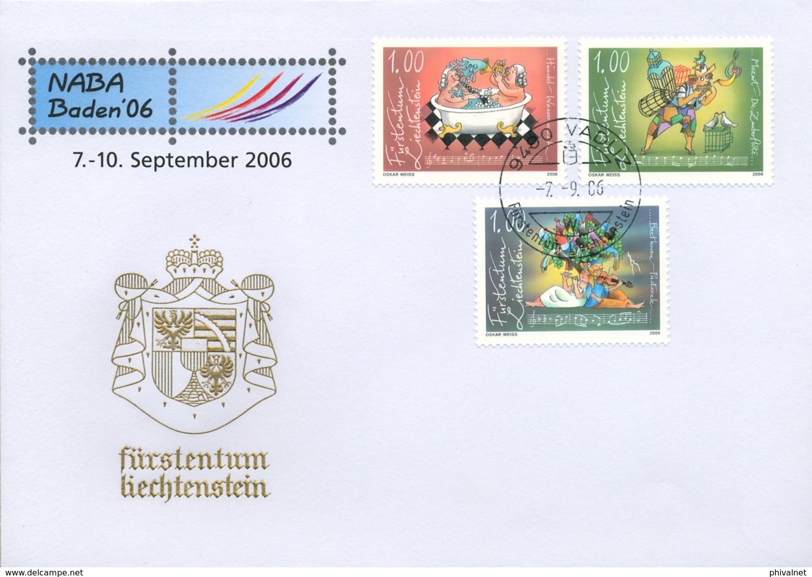 2006 , LIECHTENSTEIN , VADUZ , MÚSICA , COMPOSITORES , HENDEL , BEETHOVEN , MOZART - Storia Postale