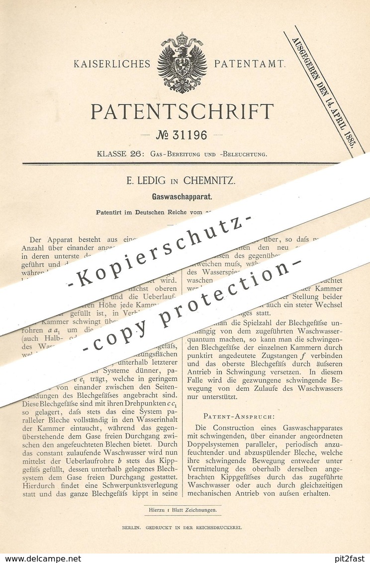 Original Patent - E. Ledig , Chemnitz , 1884 , Gaswaschapparat | Gas Waschen | Gas , Gasrohr , Licht , Brenner !!! - Historische Dokumente