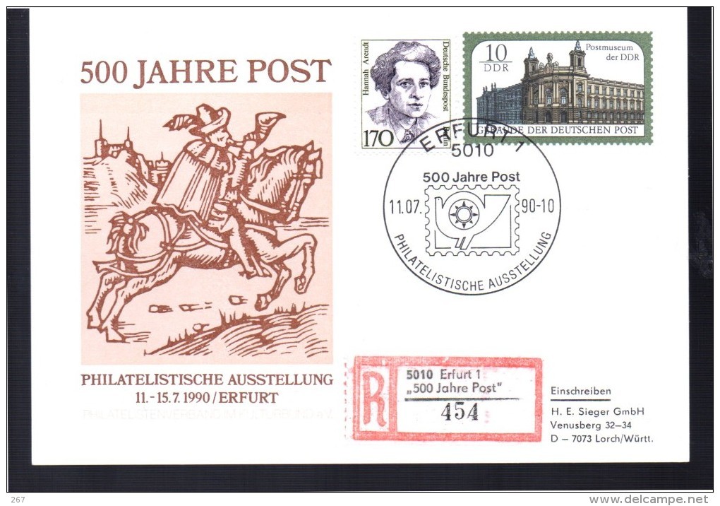 DDR  Carte Recommandee 500 Ans De Poste  1990 Erfurt 1 Poste Monument Facteur - Post