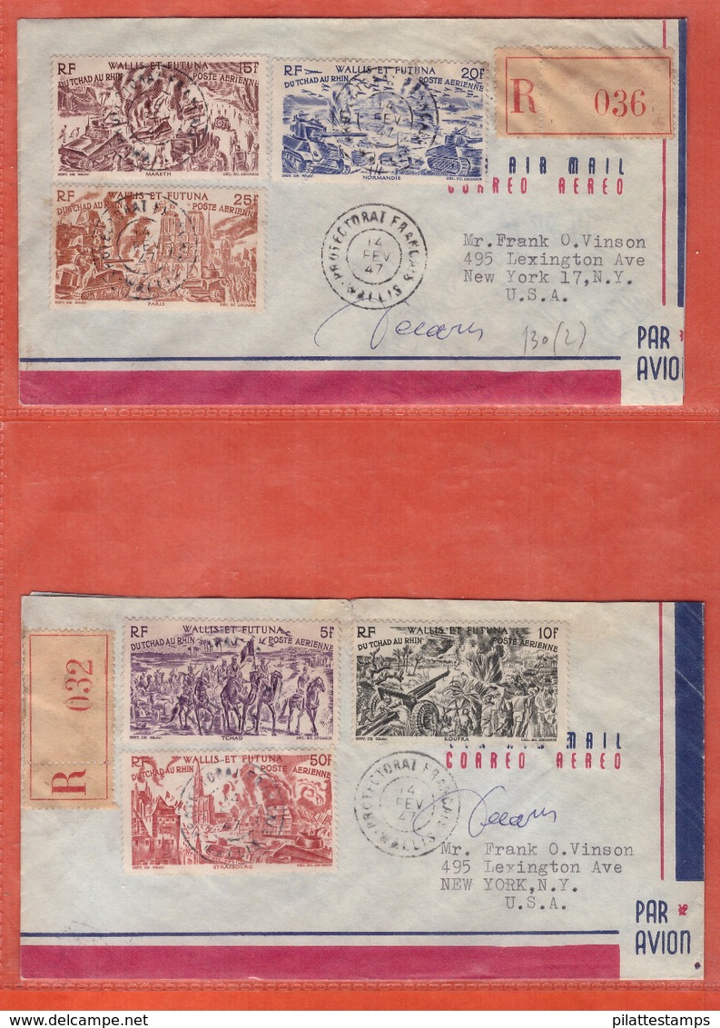 WALLIS 2 LETTRES RECOMMANDEES SIGNEES DECARIS SERIE TCHAD AU RHIN DE 1947  POUR NEW YORK ETATS UNIS - Storia Postale