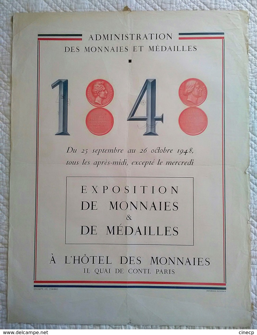 AFFICHE ANCIENNE ORIGINALE EXPOSITION DE MONNAIES ET MEDAILLES HOTEL DES MONNAIES PARIS 1948 - Other & Unclassified