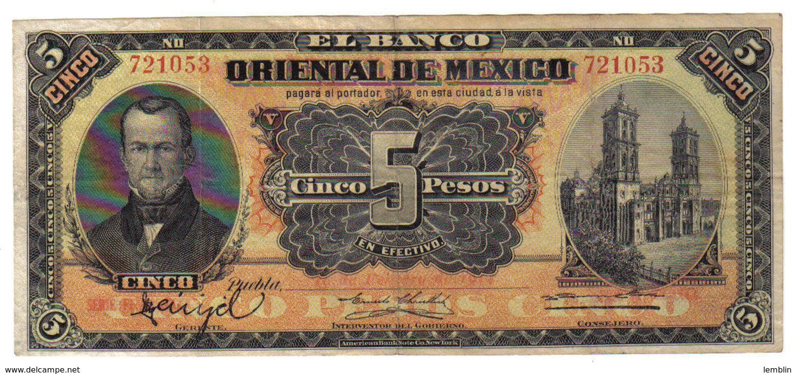 5 PESOS BANQUE ORIENTALE DU MEXIQUE 1910 - Mexico