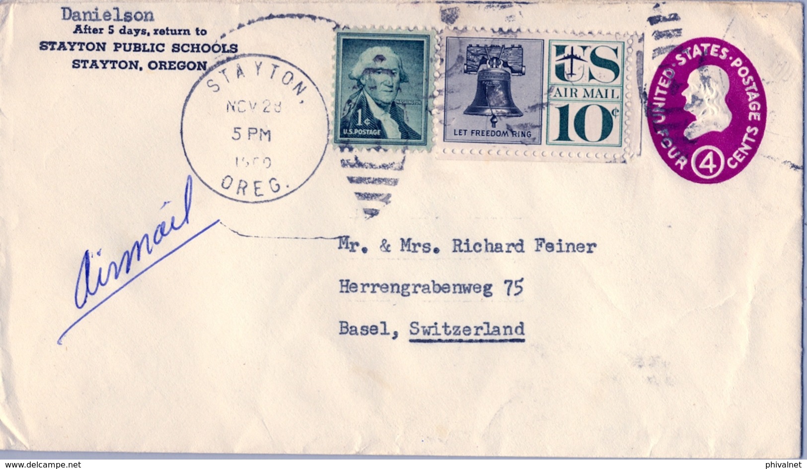 1960 ESTADOS UNIDOS , SOBRE ENTERO POSTAL CIRCULADO , STAYTON - BASEL - 1941-60