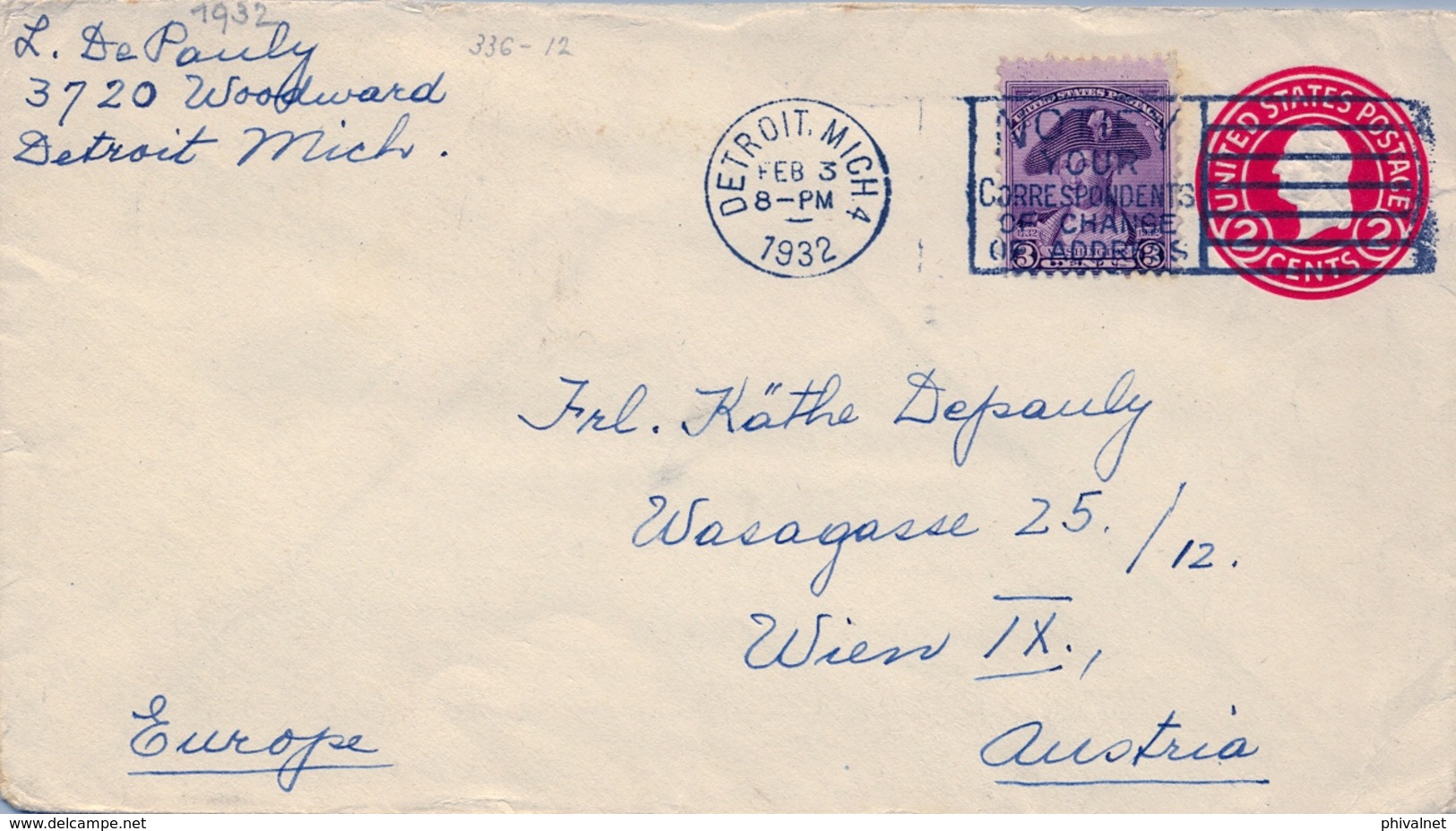 1932 ESTADOS UNIDOS , SOBRE ENTERO POSTAL CIRCULADO , DETROIT - VIENA - 1921-40