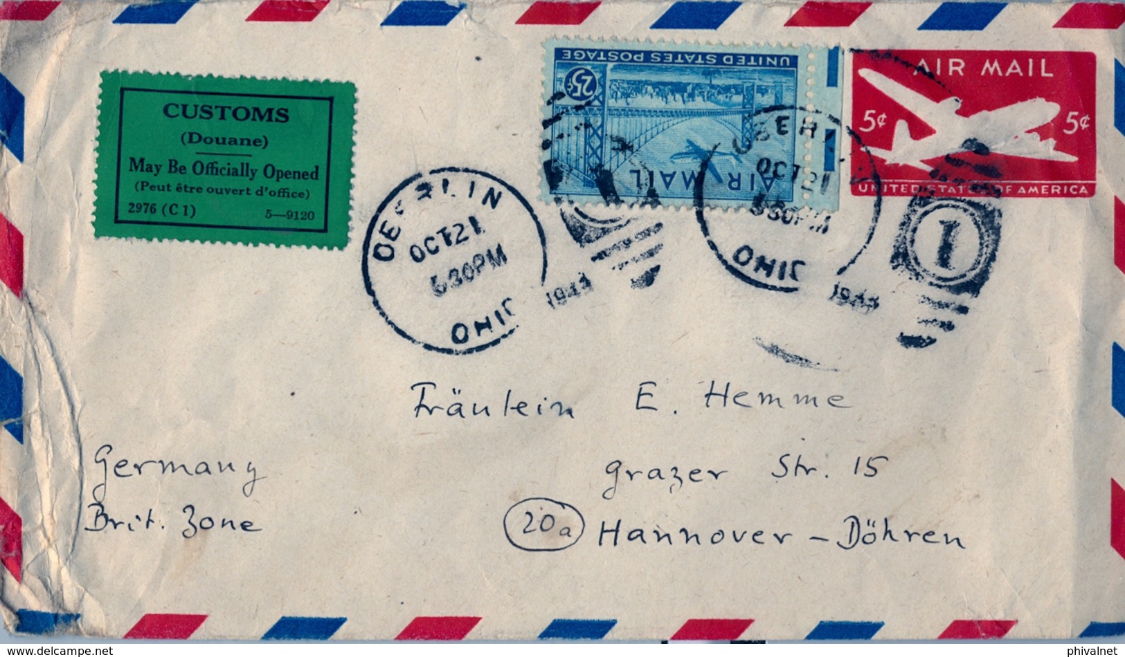 1943 ESTADOS UNIDOS , SOBRE ENTERO POSTAL CIRCULADO , OBERLIN - HANNOVER , ETIQUETA DE ADUANAS - 1941-60