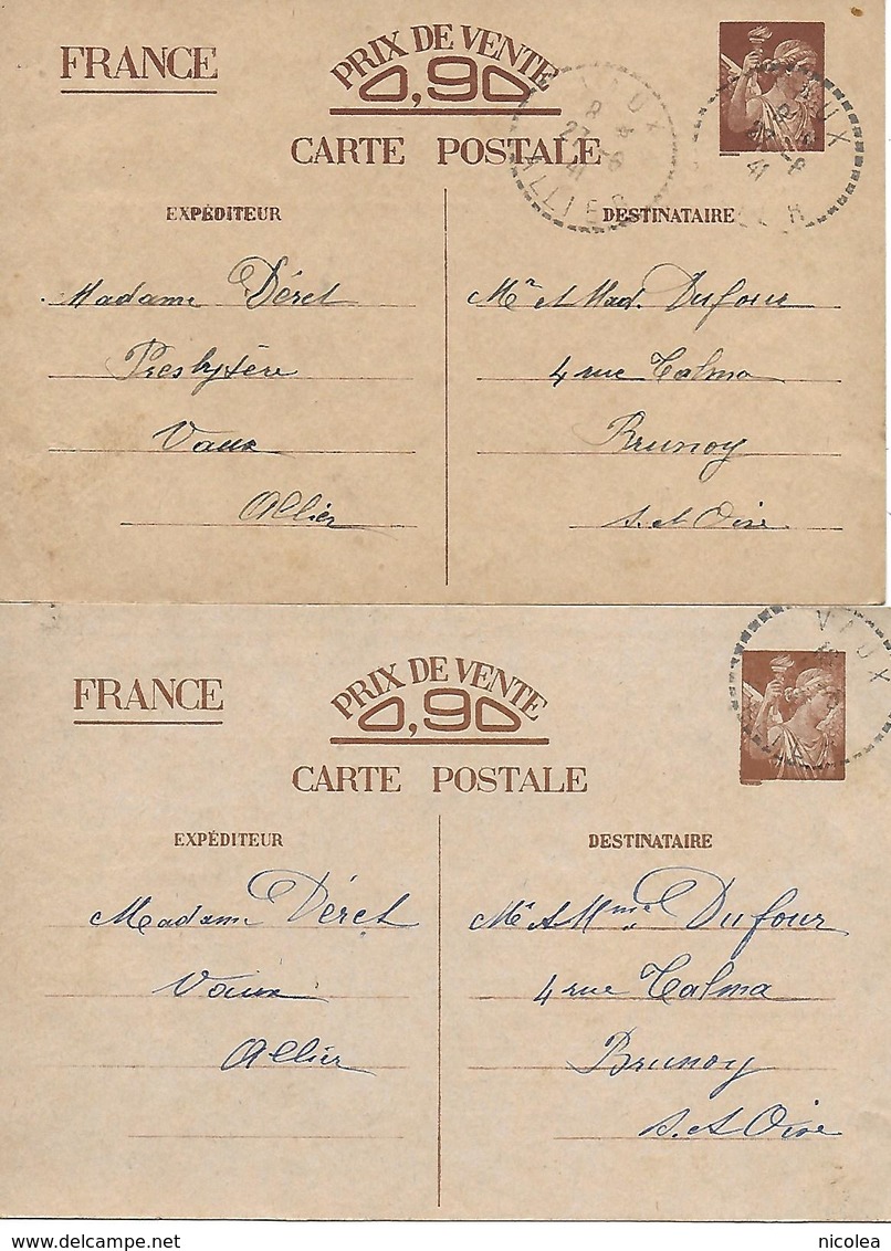 ENTIER POSTAL IRIS SANS VALEUR X 2 DE COULEURS DIFFERENTES DE VAUX ( ALLIER ) à BRUNOY ( Seine Et Oise ) - Cartes Postales Types Et TSC (avant 1995)