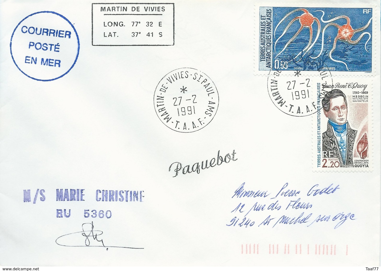 TAAF-Martin De Vivies-St Paul-AMS: Lettre "M/S Marie Christine" Avec N°122 Ophiures Et 151 Quoy - 27/02/1991 - Lettres & Documents