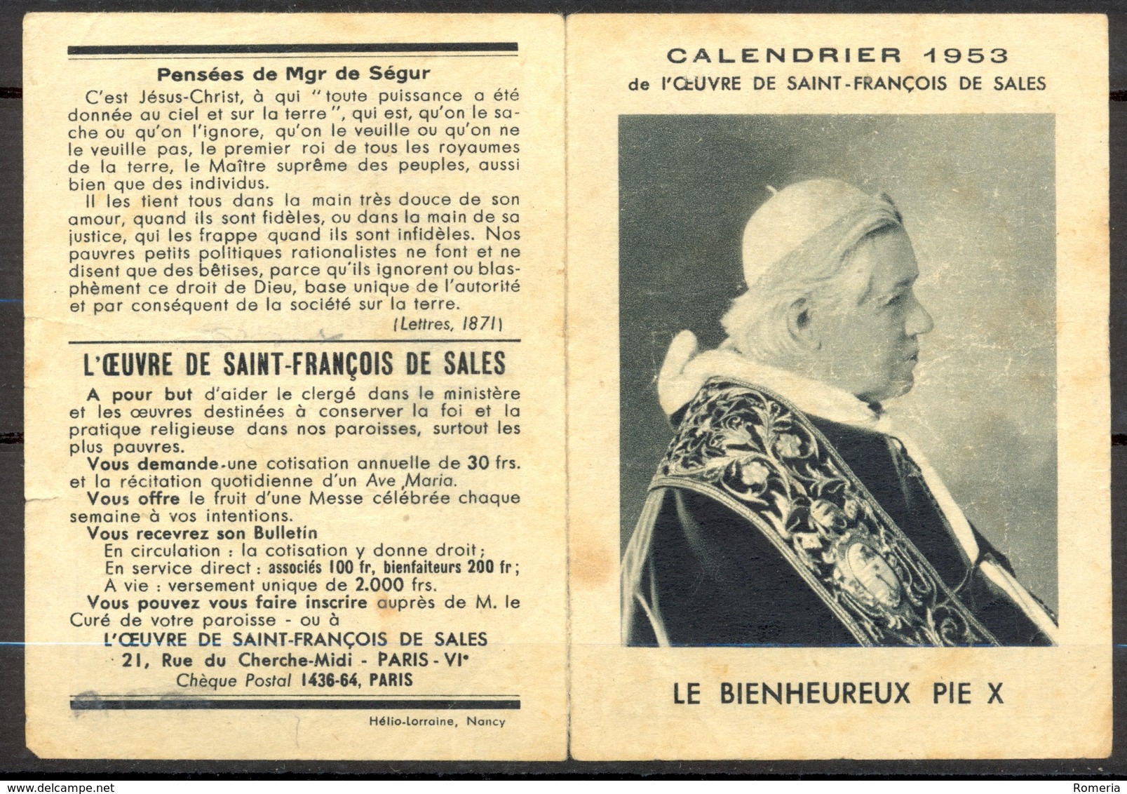 Calendrier 1953 De L'Oeuvre De Saint François De Sales - - Autres & Non Classés