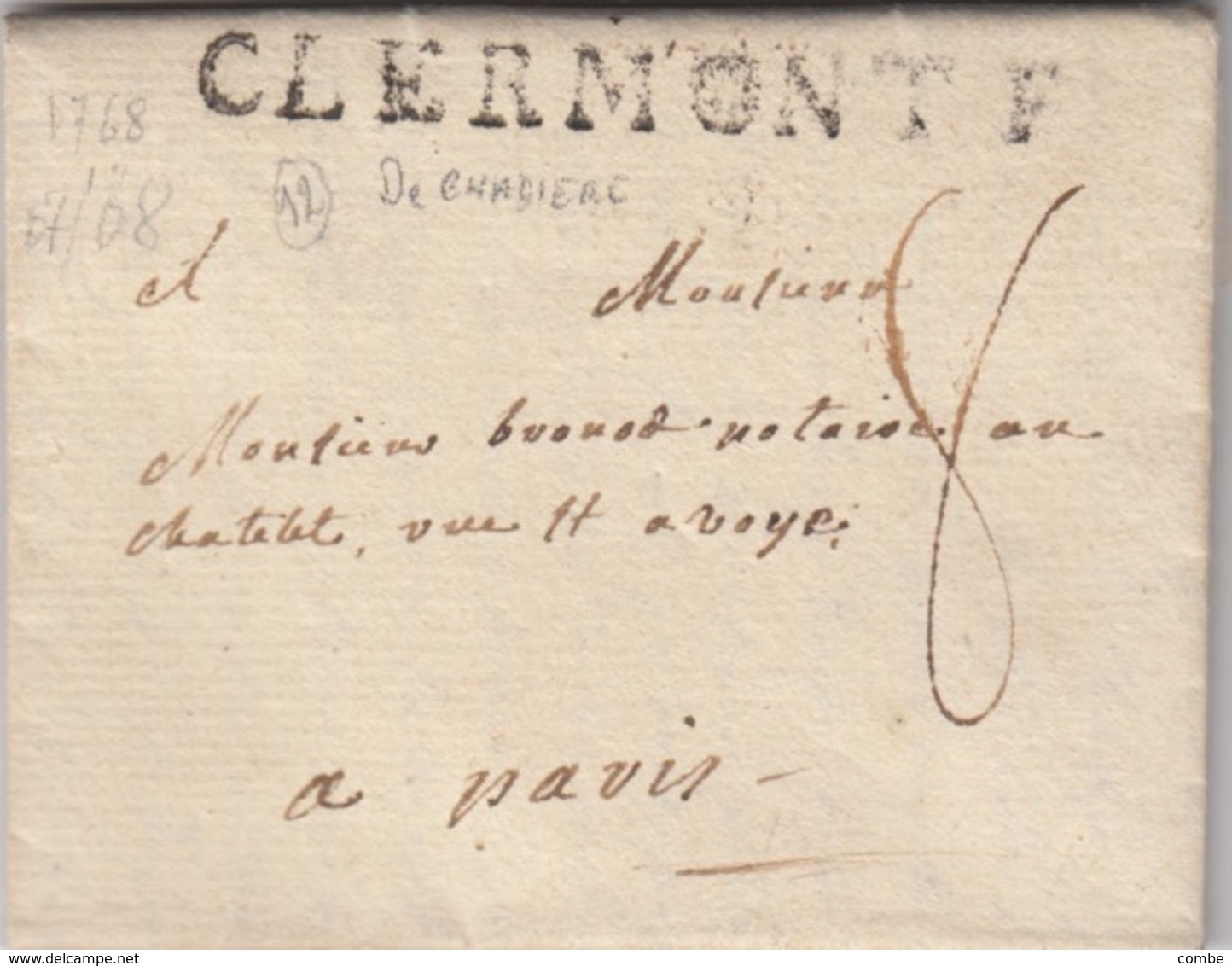 LETTRE.  LETTER. FRANCE. PUY-DE-DOME. 1768. CLERMONT F. POUR PARIS. TAXE PLUME 8 - Sonstige & Ohne Zuordnung