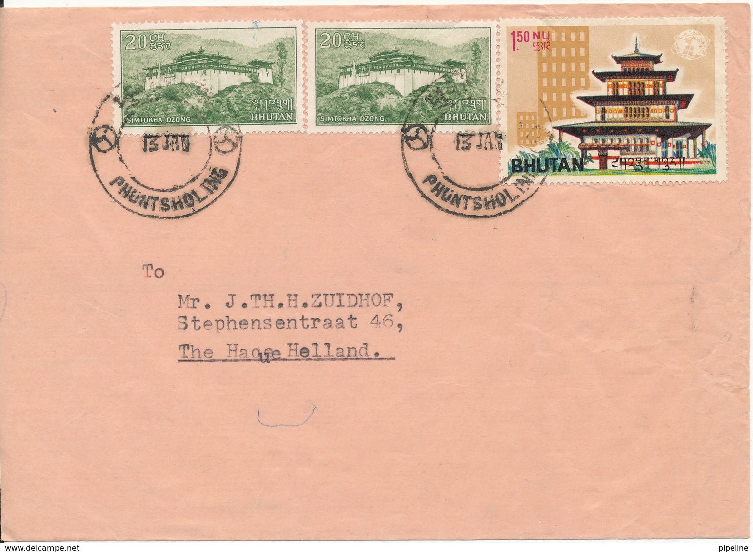 Bhutan Air Mail Cover Sent To Netherlands Phuntsholing 13-1-1967 ?? - Bhutan