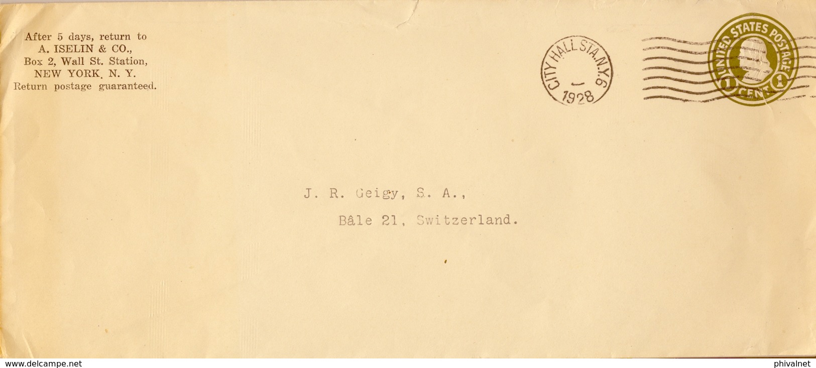 1928 ESTADOS UNIDOS , SOB. ENTERO POSTAL  , NEW YORK - BASEL - 1921-40