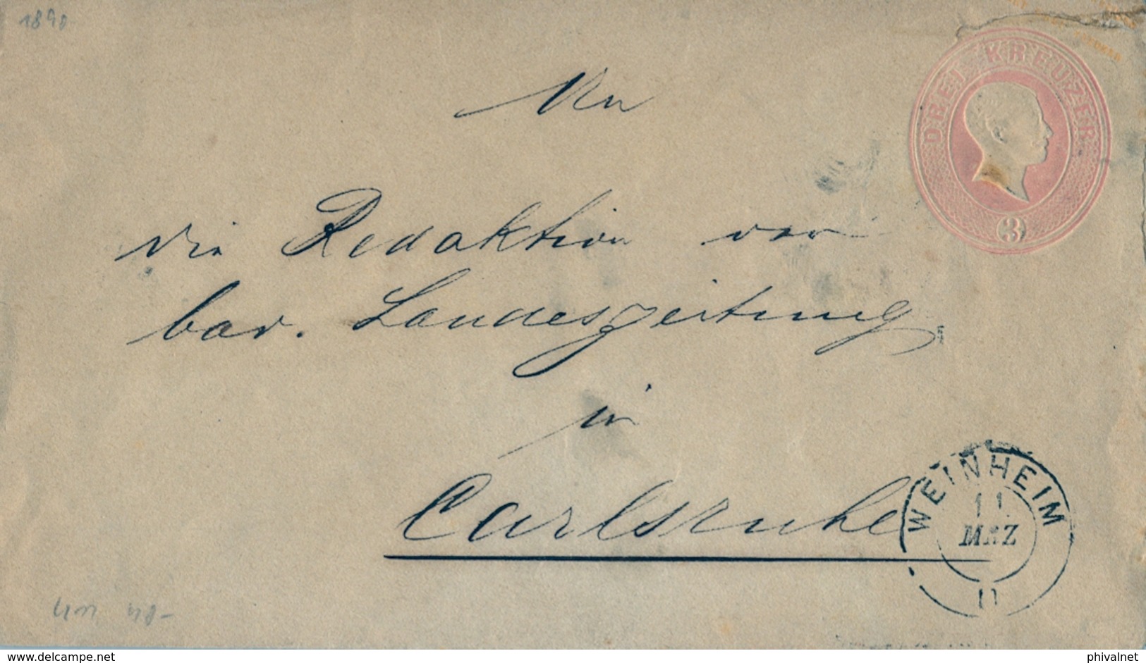 BADEN , ENTERO POSTAL DE TRES KREUZER , CIRCULADO ENTRE WEINHEIM Y CARLSRUHE , LLEGADA - Postal  Stationery