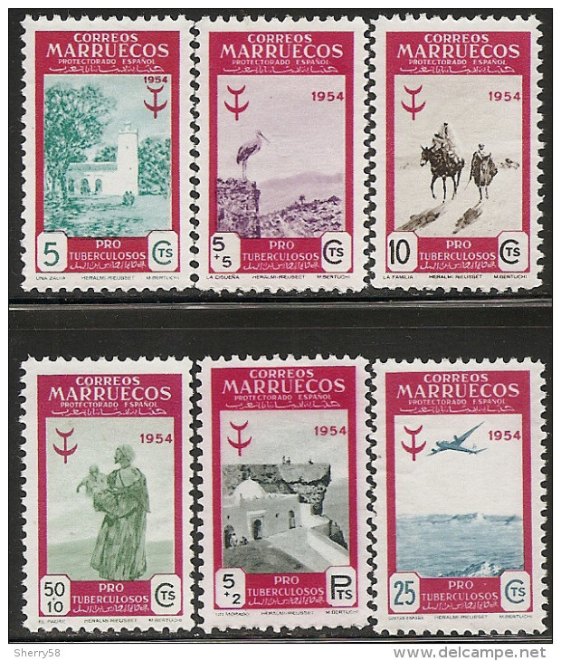MARRUECOS-1954-ED. 394 A 399 SERIE COMPLETA PRO TUBERCULOSIS- NUEVO SIN FIJASELLOS - Marruecos Español