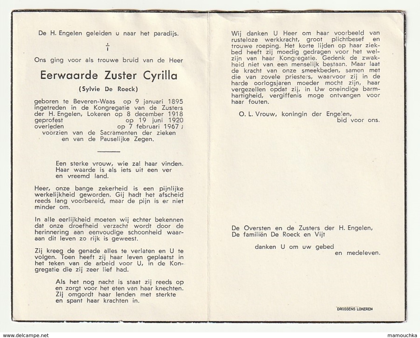 Doodsprentje Zuster Cyrilla Sylvie DE ROECK Beveren-Waas 1895 Lokeren 1967 - Santini