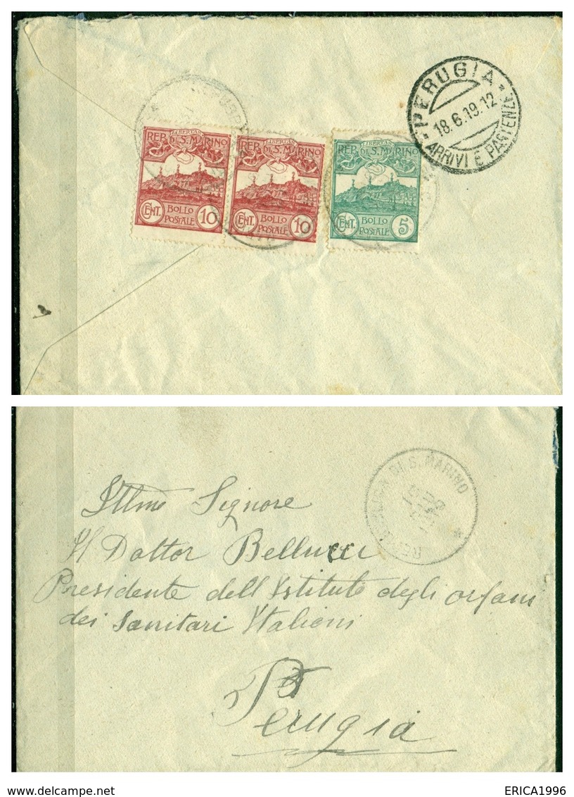 V6758 SAN MARINO 1919 Lettera Affrancata Con Veduta 5 C. + Coppia 10 C., 16.6.19 Per Perugia, Annullo Di Arrivo, 5 C. - Storia Postale