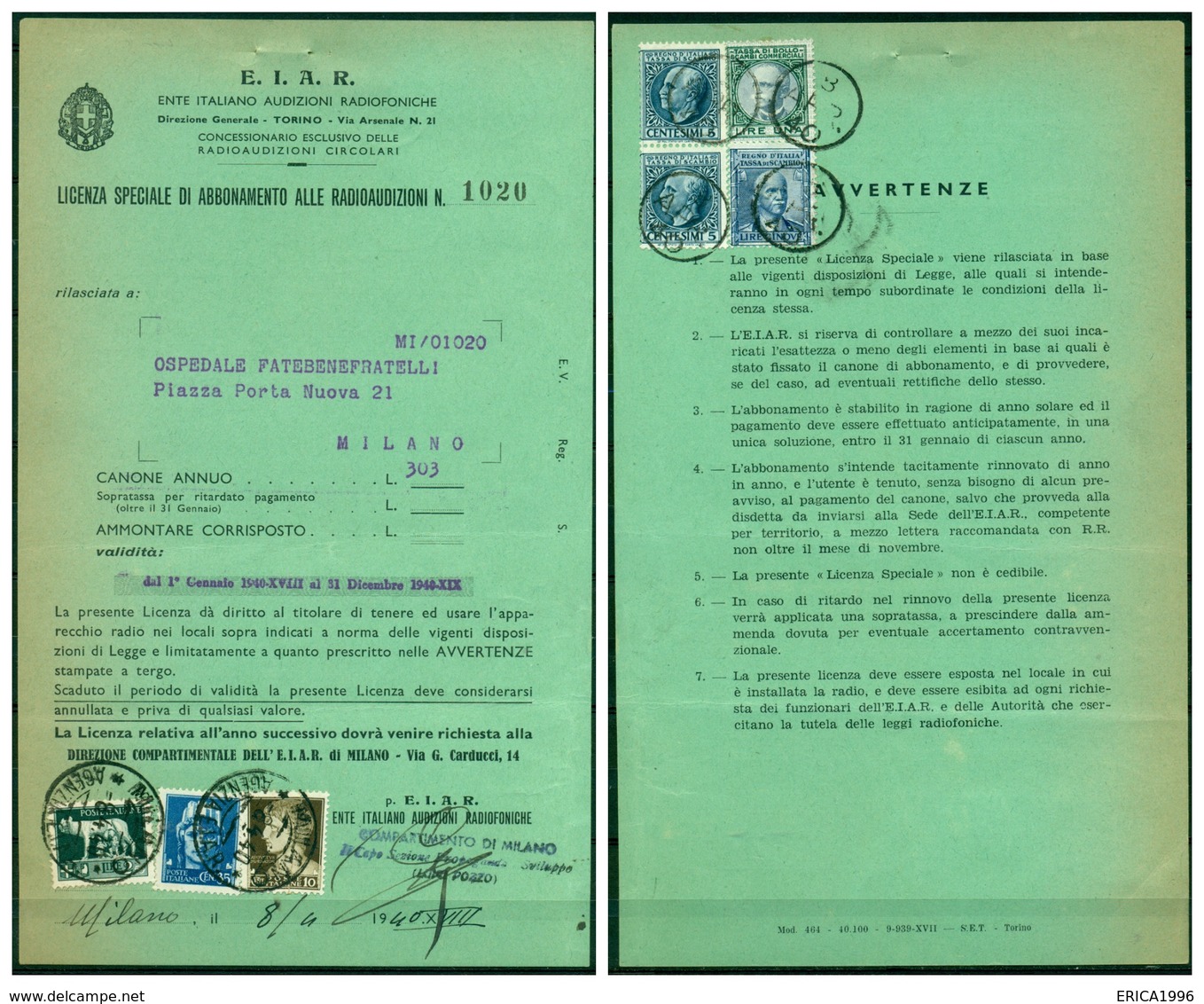 V6958 ITALIA 1940 REGNO Licenza Di Abbonamento EIAR Con 3 Val. Imperiale (L. 2,55 + C. 35 + C. 10)con Annullo Postale Mi - Storia Postale