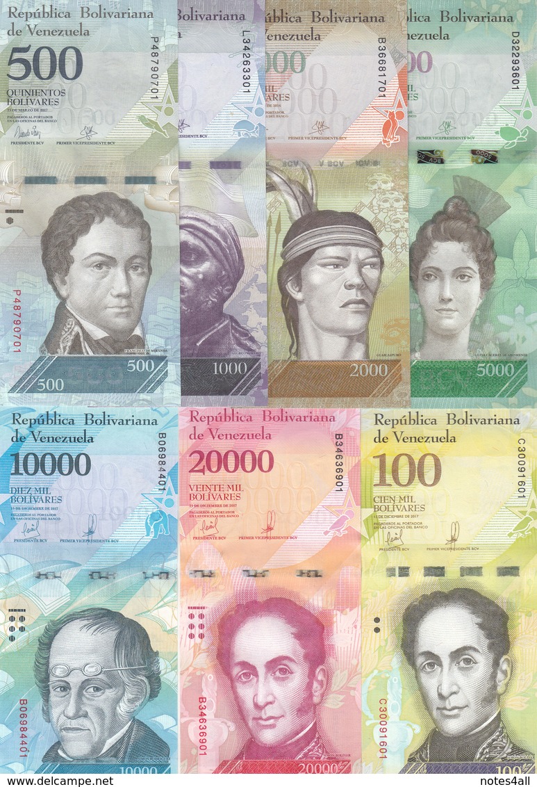 VENEZUELA 500 : 100000 Bolivares 2016 2017 P94 :P100 New UNC 7 NOTES SET */* - Venezuela